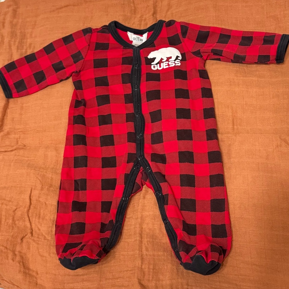Guess Baby Footies Coverall Black/Red Plaid 3-6M